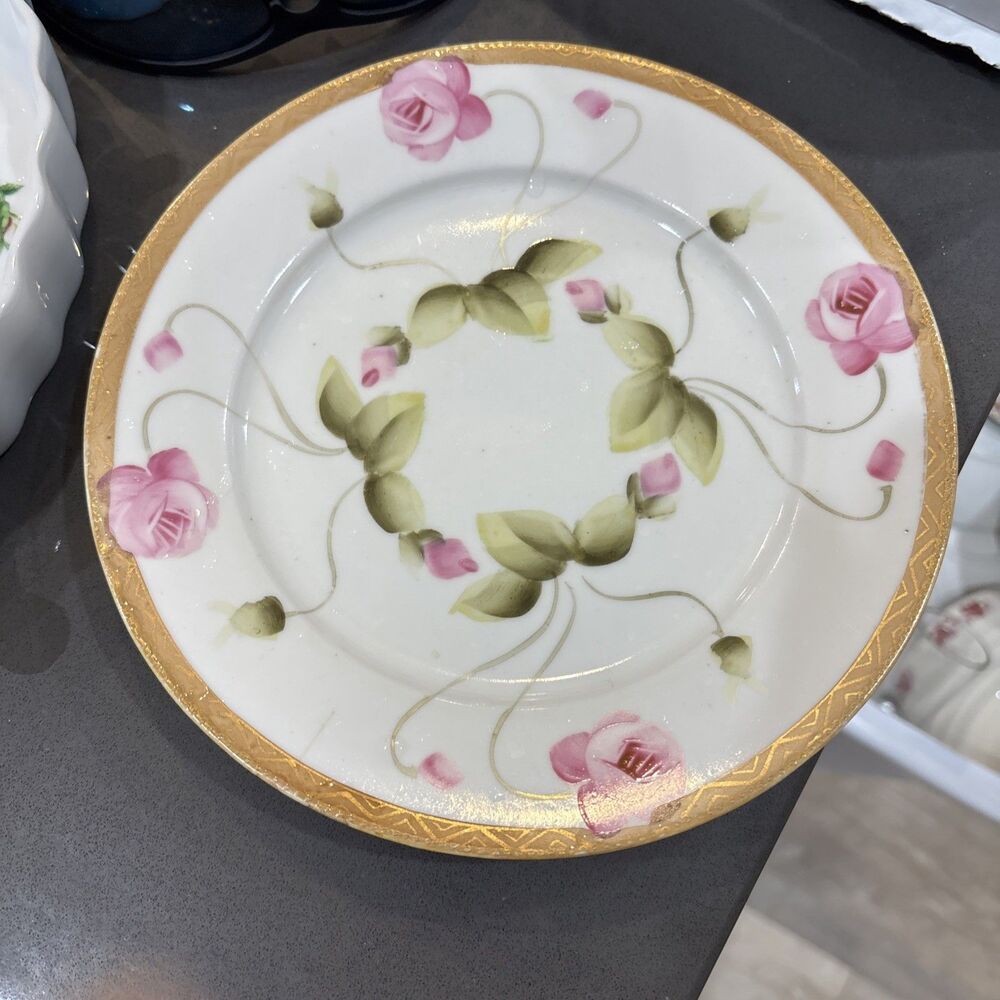 NIPPON Porcelain Plate Floral Gold Trim Ornate hand painted hp JE-OH